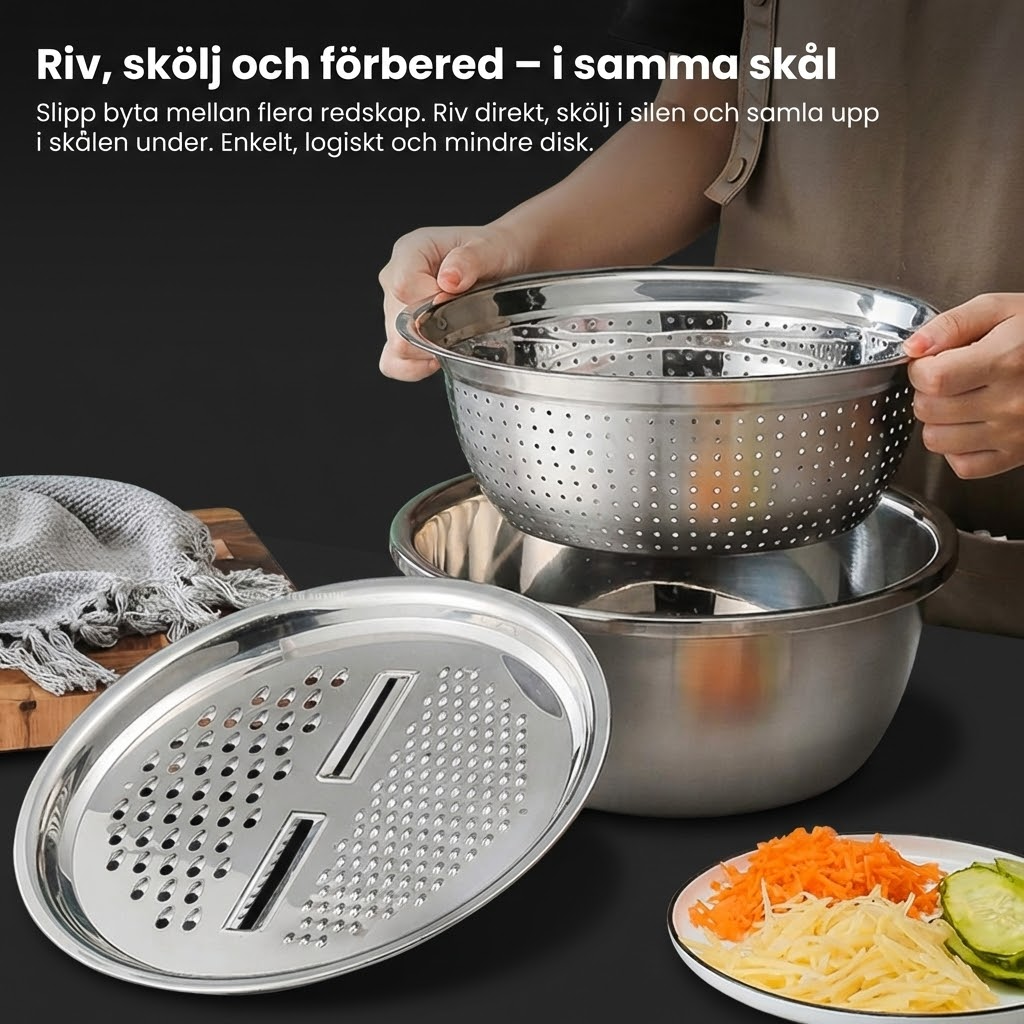 STORT 3-I-1 KÖKSSET I ROSTFRITT STÅL – RIV, SKÖLJ & SERVERA