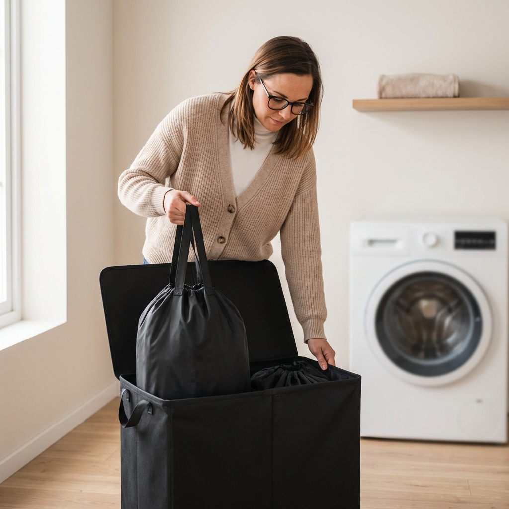ScandiLife DuoSort™ Tvättkorg Två löstagbara tvättpåsar med lock