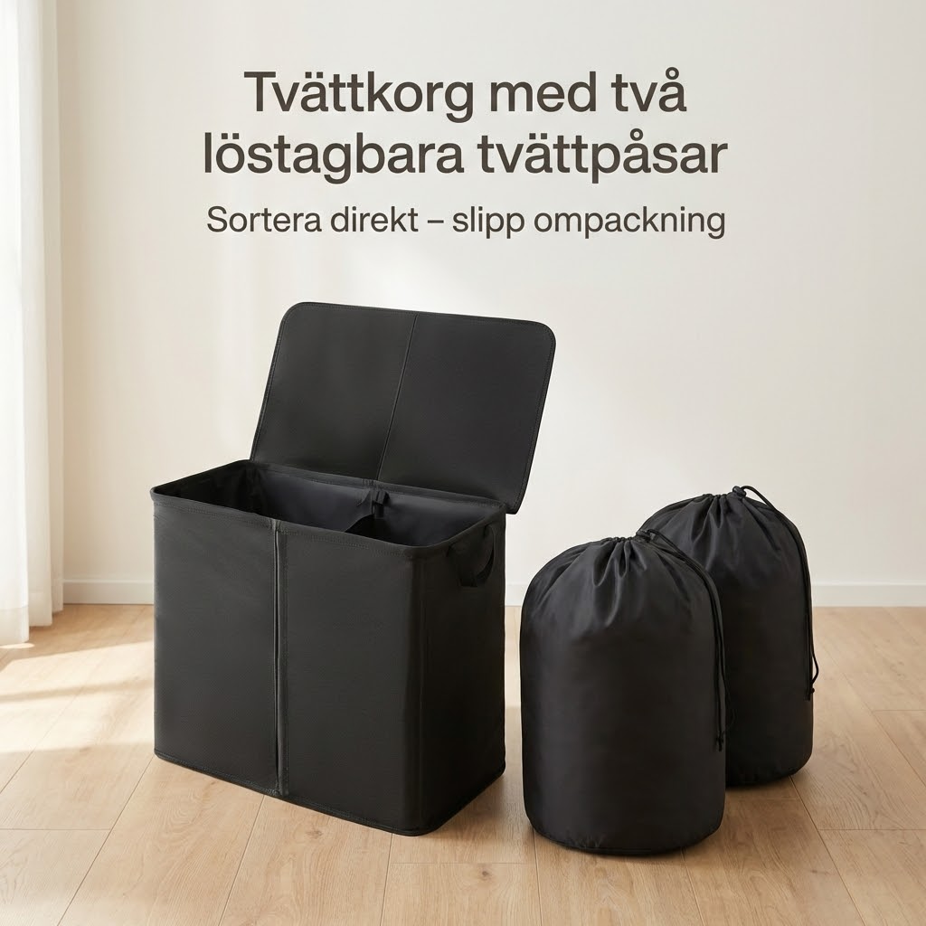 ScandiLife DuoSort™ Tvättkorg Två löstagbara tvättpåsar med lock