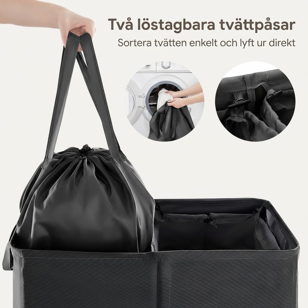 ScandiLife DuoSort™ Tvättkorg Två löstagbara tvättpåsar med lock