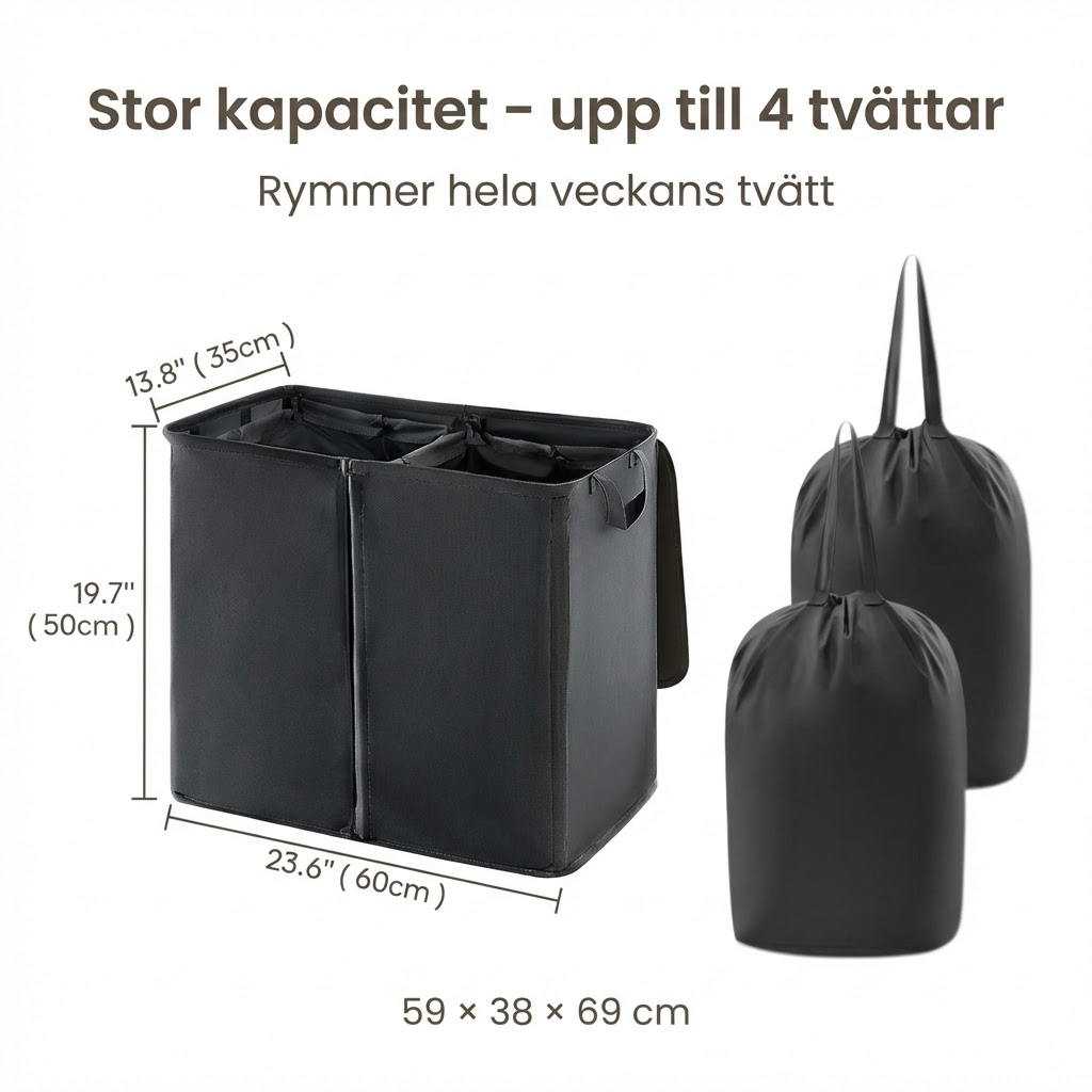 ScandiLife DuoSort™ Tvättkorg Två löstagbara tvättpåsar med lock