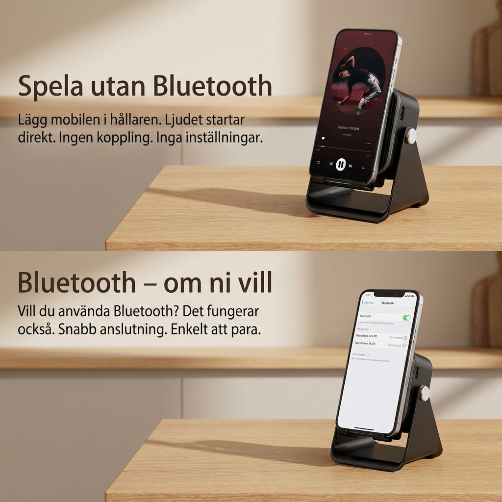 HemmaLjud™ Sätt på musiken. Lägg mobilen i hållaren. Ljudet spelas direkt – utan Bluetooth