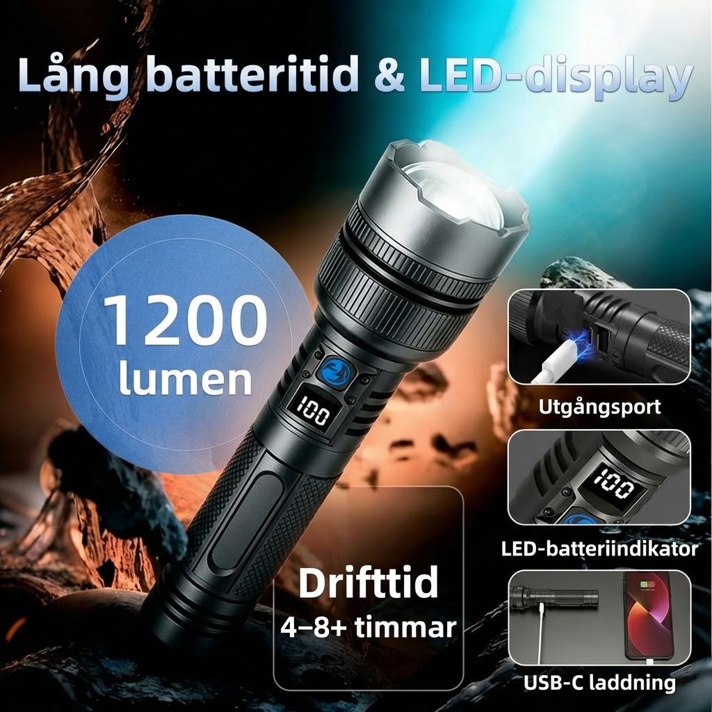 Uppladdningsbar Nödficklampa med Powerbank, Digital Display & Extrem Ljusstyrka