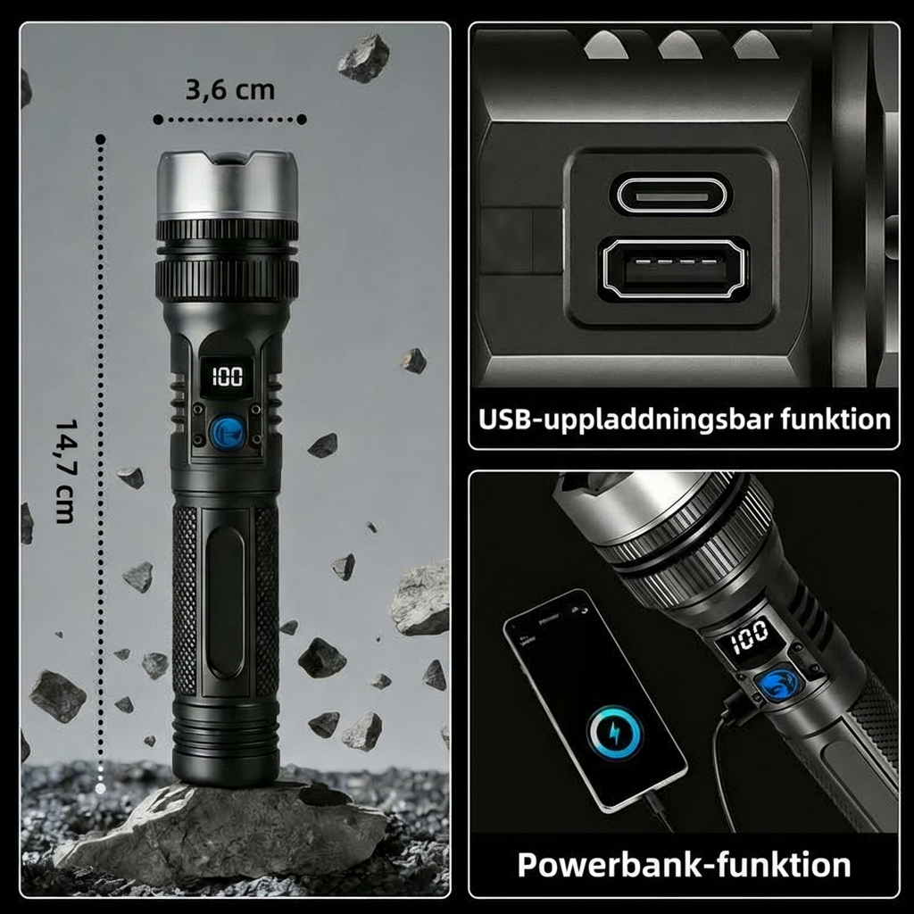 Uppladdningsbar Nödficklampa med Powerbank, Digital Display & Extrem Ljusstyrka