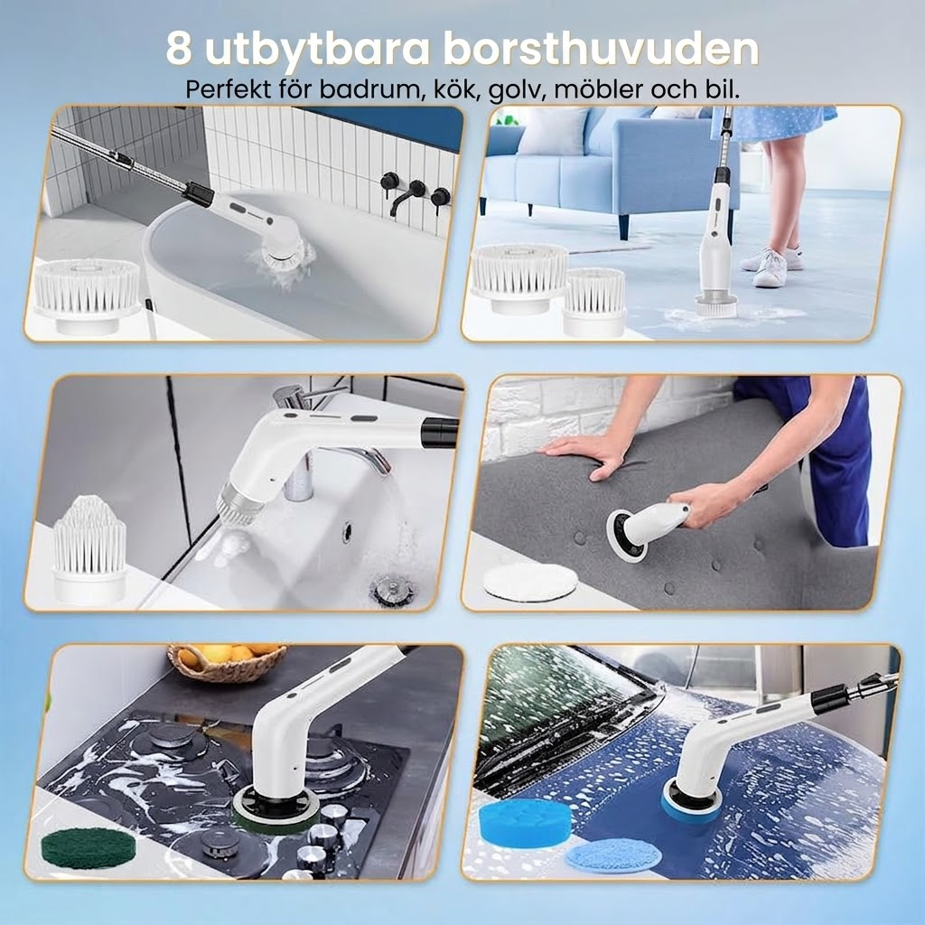 Ergonomisk Elektrisk Rengöringsborste med 8 Borsthuvuden – För hela hemmet