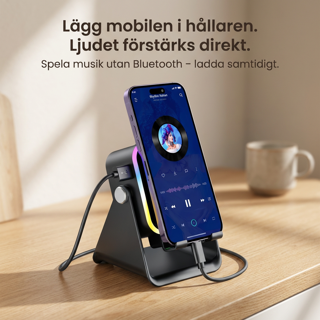HemmaLjud™ Sätt på musiken. Lägg mobilen i hållaren. Ljudet spelas direkt – utan Bluetooth