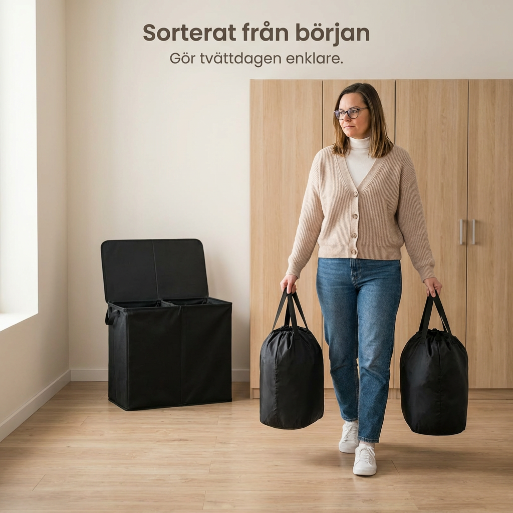 ScandiLife DuoSort™ Tvättkorg Två löstagbara tvättpåsar med lock