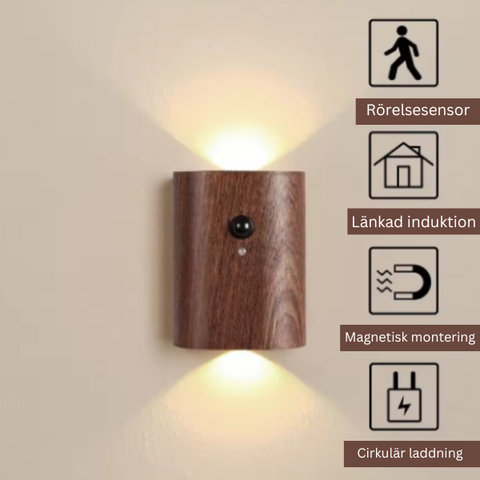 Trådlös Vägglampa i Trä med LED & Rörelsesensor