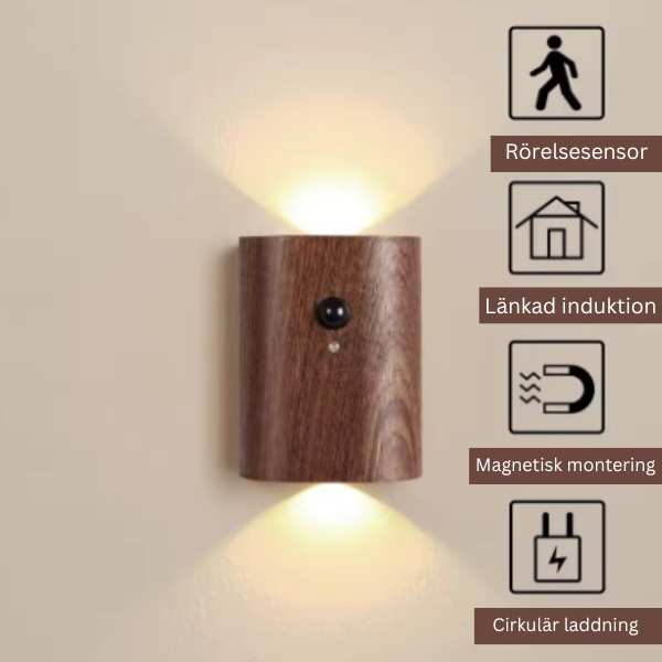 Trådlös Vägglampa i Trä med LED & Rörelsesensor