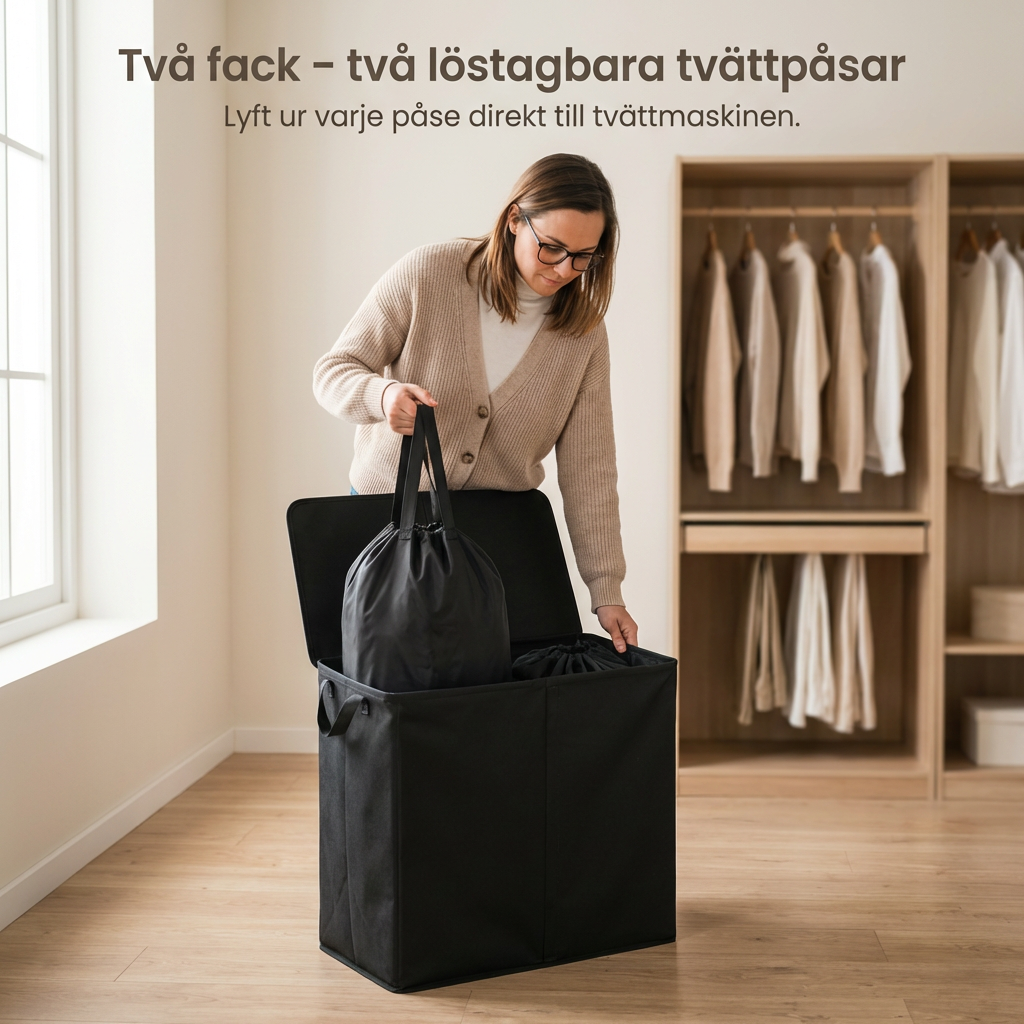 ScandiLife DuoSort™ Tvättkorg Två löstagbara tvättpåsar med lock