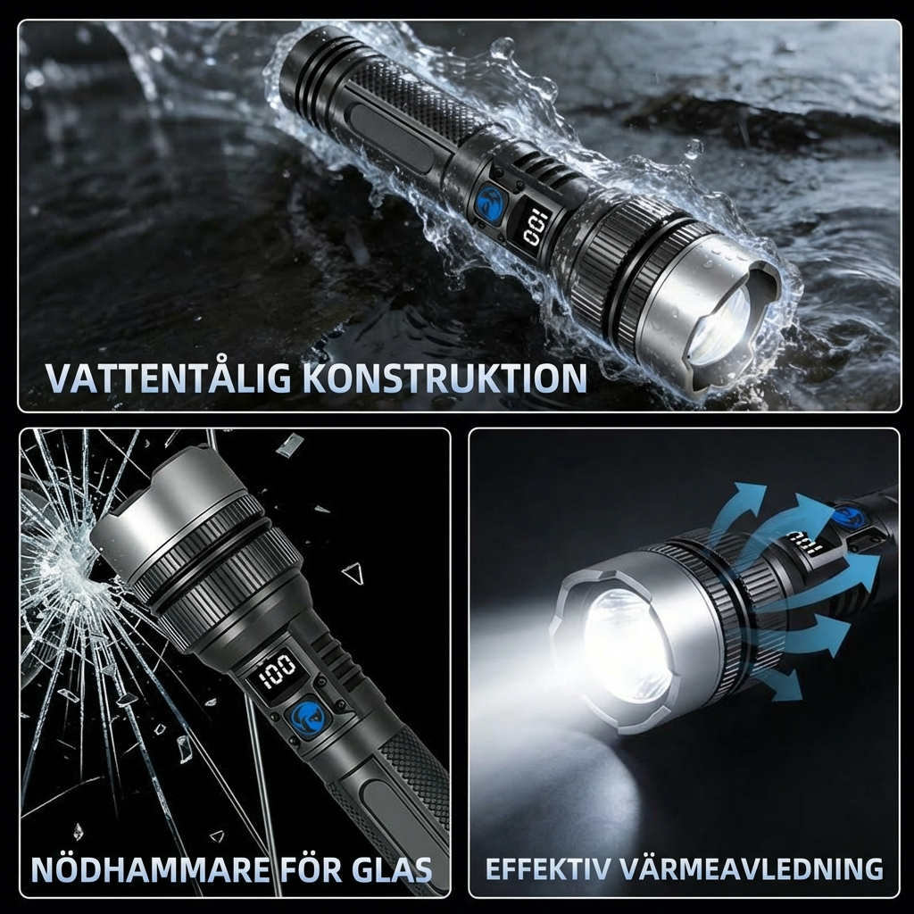 Uppladdningsbar Nödficklampa med Powerbank, Digital Display & Extrem Ljusstyrka