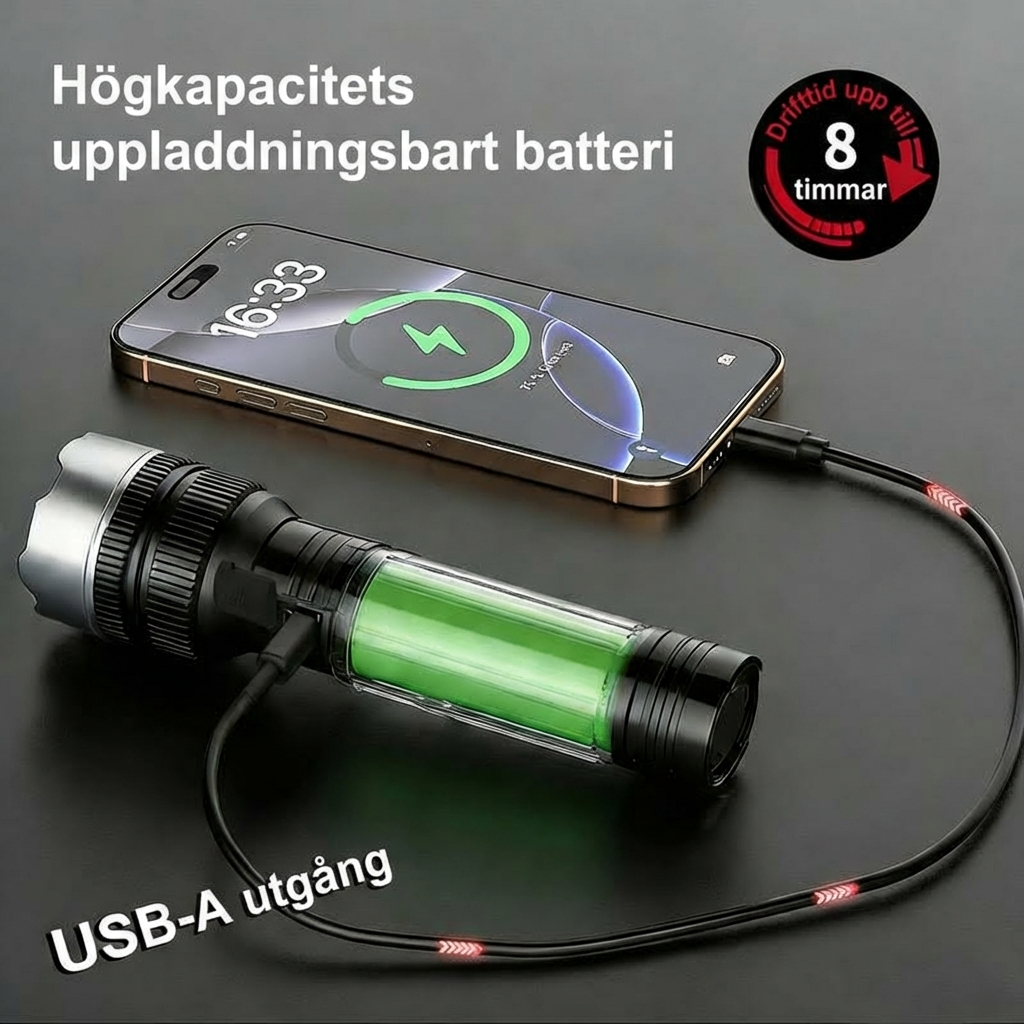 Uppladdningsbar Nödficklampa med Powerbank, Digital Display & Extrem Ljusstyrka